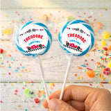 Personalised race car lollipops with blue-striped wrapper and printed car labels