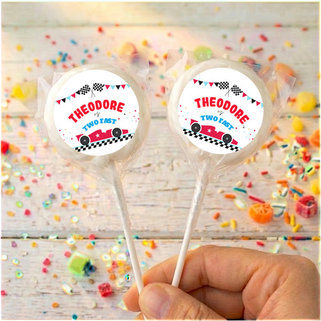 Personalised race car lollipops with clear wrapper and printed car labels