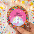 Personalised giant freckles with unicorn label: Lara’s 6th Birthday, rainbow sprinkles