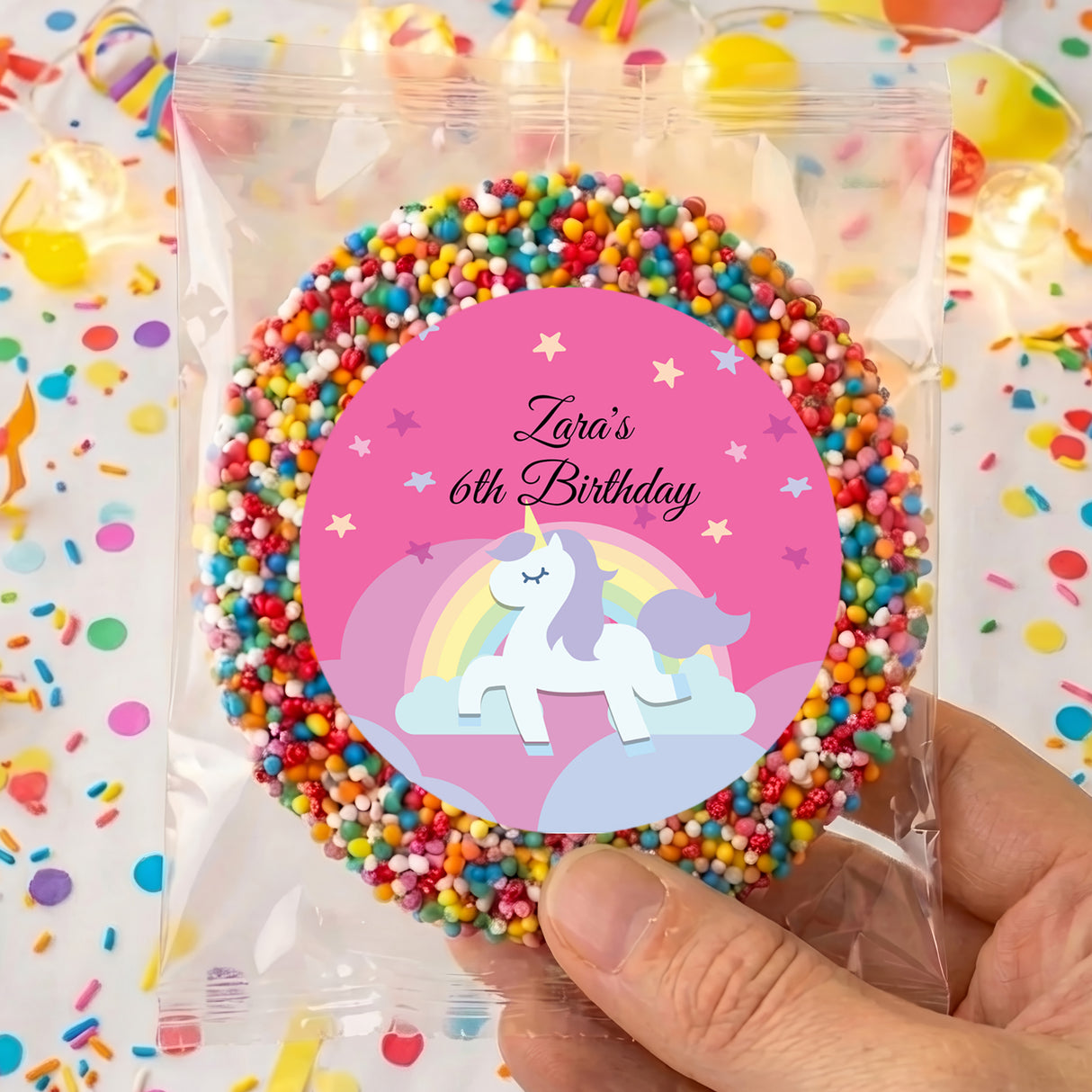Personalised giant freckles with unicorn label: Lara’s 6th Birthday, rainbow sprinkles
