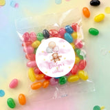 Personalised baptism jelly bean bag with teddy balloon sticker, assorted bright candies