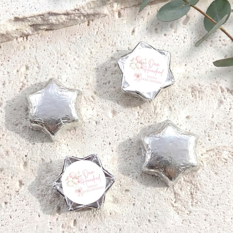 Balloons Bow 100th Birthday Personalised Foil Covered Chocolate Stars
