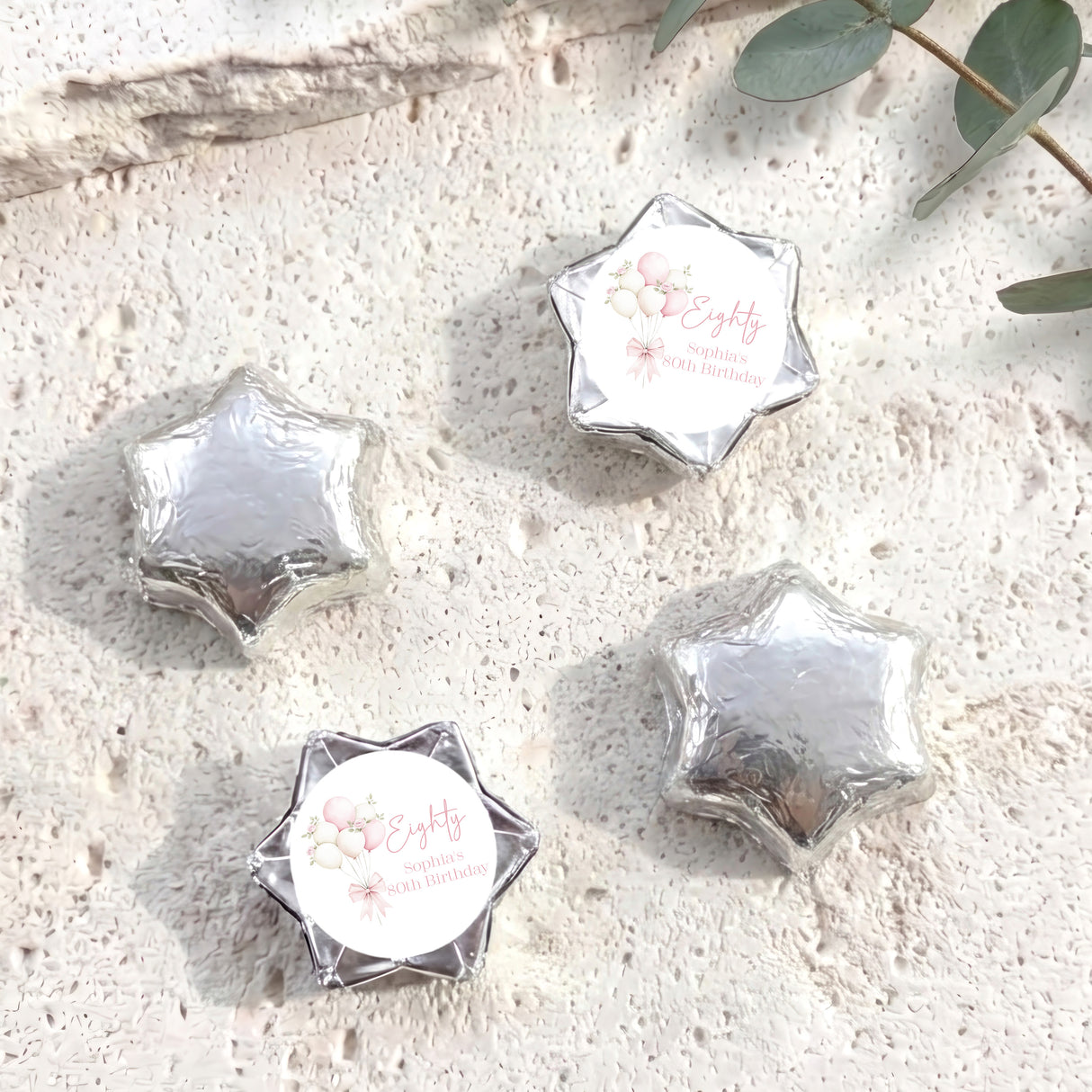 Balloons Bow 80th Birthday Personalised Foil Covered Chocolate Stars