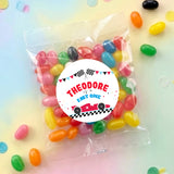Personalised jelly bean bag with race car label and colorful jelly beans inside