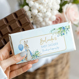 Personalised baby shower chocolate bar with blue rabbit and 'Belinda's' label
