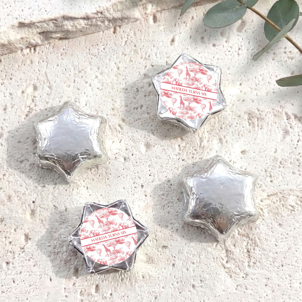 Red Safari Toile Birthday Personalised Foil Covered Chocolate Stars
