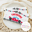 Race car themed chocolate bar wrapper with colorful banner text and checkered flags