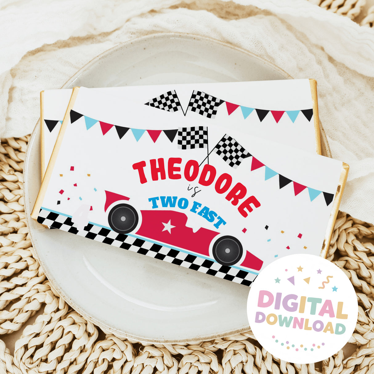 Race car themed chocolate bar wrapper with colorful banner text and checkered flags