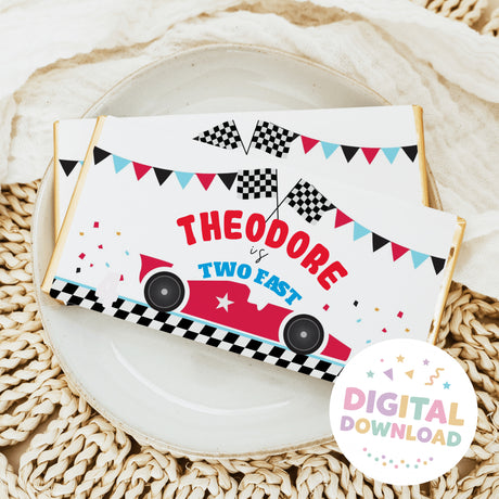 Race car themed chocolate bar wrapper with colorful banner text and checkered flags