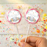 Personalised baptism lollipops, animal scene labels with pink trim on clear wraps