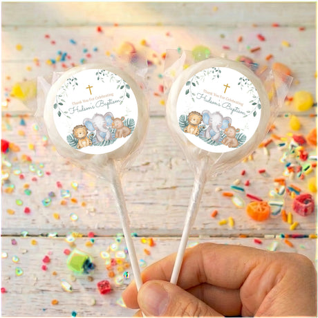 Personalised baptism lollipops with sleepy safari animals and clear/white ring label on sticks