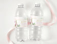 Two clear water/drink bottles with pink baby shower personalised labels and Peter Rabbit art