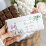 Personalised baby shower chocolate bar wrapper with pink rabbit, balloon, floral text