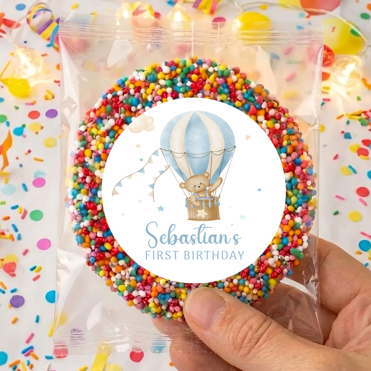 Personalised first birthday hot air balloon teddy badge with name and multicolor border