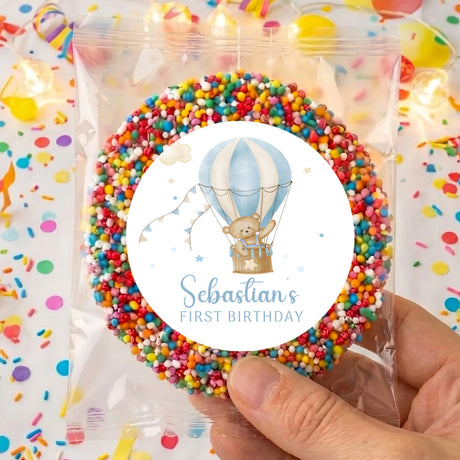 Personalised first birthday hot air balloon teddy badge with name and multicolor border