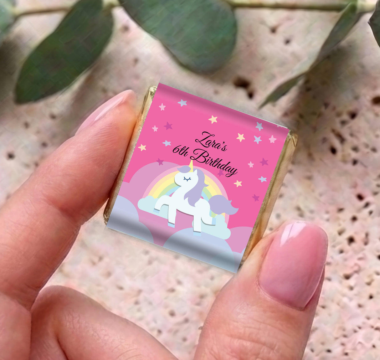 Personalised unicorn rainbow mini chocolates with pink 60th birthday label