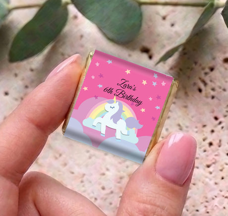 Personalised unicorn rainbow mini chocolates with pink 60th birthday label