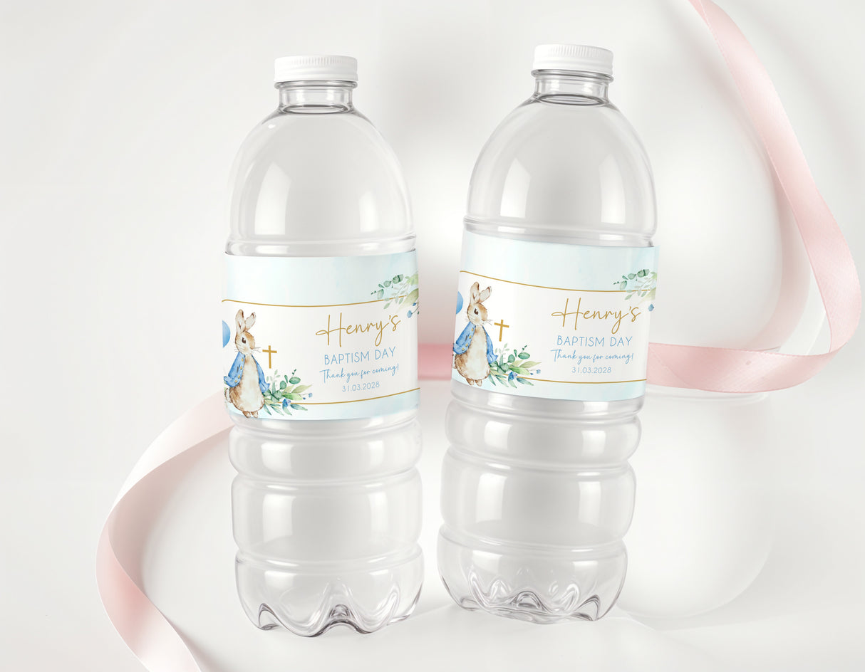 Baptism bottle labels with Peter Rabbit blue illustrations, Henry's on clear bottles