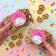 Girls birthday personalised pretzel bag set, unicorn rainbow sticker; twisted pretzels in clear bags