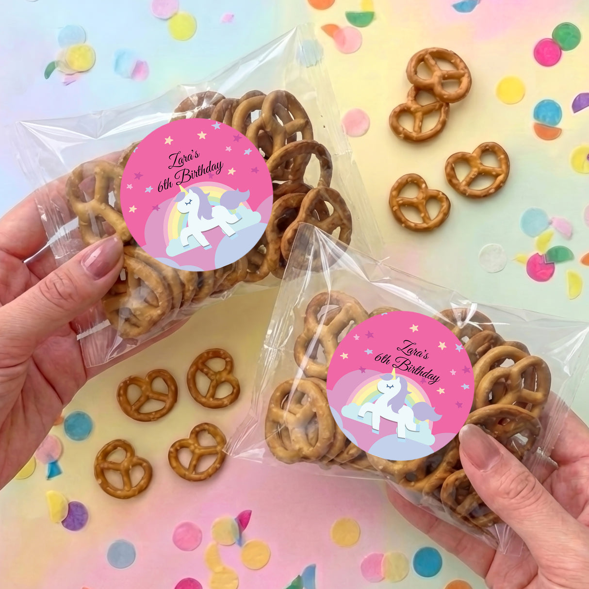 Girls birthday personalised pretzel bag set, unicorn rainbow sticker; twisted pretzels in clear bags