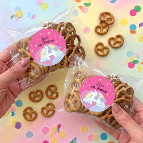 Girls birthday personalised pretzel bag set, unicorn rainbow sticker; twisted pretzels in clear bags