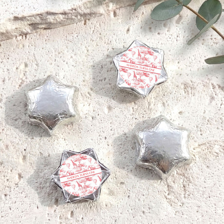 Red Safari Toile First Birthday Personalised Foil Covered Chocolate Stars