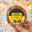 Personalised 4th birthday giant freckle badge with truck graphic and multicolor sprinkles