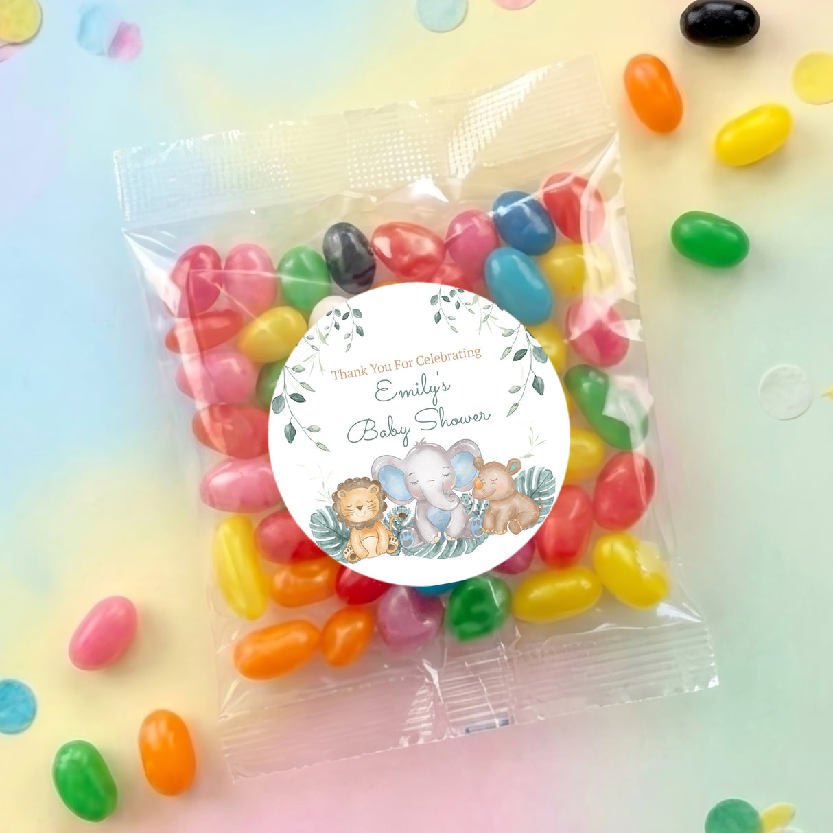 Personalised baby shower jelly bean bag with circular safari animal label