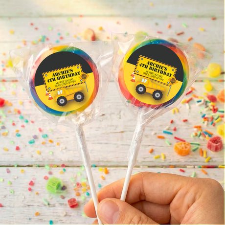 Personalised 4th birthday truck lollipops, multicolor ribbon wrappers with custom label
