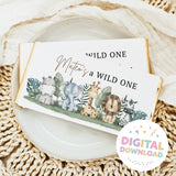 Chocolate bar wrapper with safari animals and text 'Wild One' in dark and script lettering