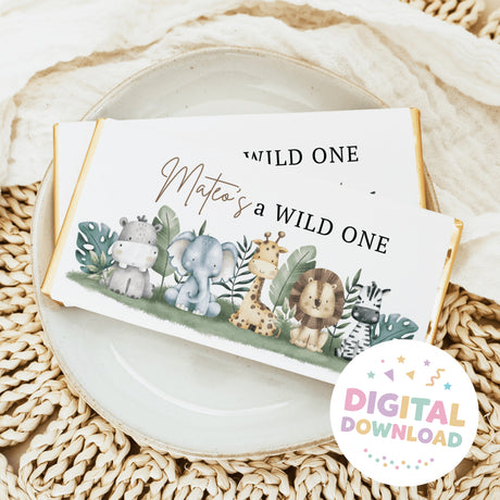Chocolate bar wrapper with safari animals and text 'Wild One' in dark and script lettering