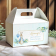 Personalised gable favour box with blue rabbit illustration and floral border, name Henry
