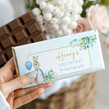Custom first birthday chocolate bar wrapper with Peter Rabbit illustration and blue balloon
