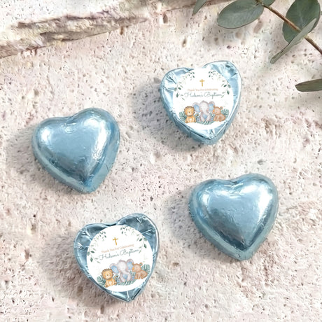 Personalised foil-covered chocolate hearts, light blue hearts with baptism themed label