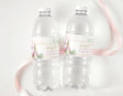 Personalised first birthday water bottle labels on clear bottles, pink floral rabbit design
