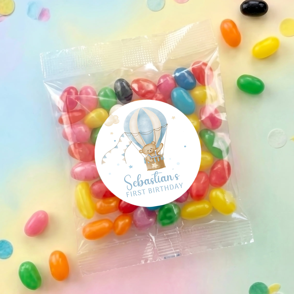 Personalised jelly bean bag with teddy in blue balloon and First Birthday label