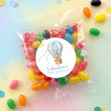 Personalised jelly bean bag with teddy in blue balloon and First Birthday label