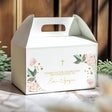 White christening favor box with floral print, gold cross, and window handle; Evie Nguyen
