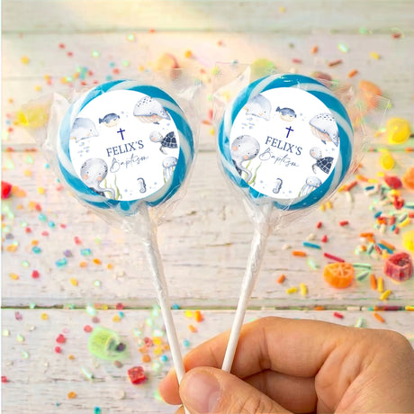 Personalised under-the-sea baptism lollipops with Felix's label, blue border (2).