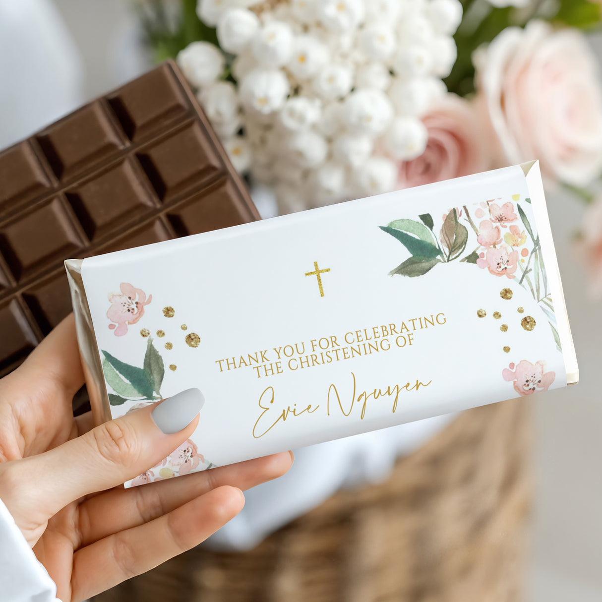 Custom christening chocolate bar wrapper, white floral, cross, gold text for Evie Nguyen