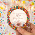 Personalised baby shower thank-you freckle sign in plastic, round with multicolor sprinkles
