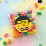 Personalised jelly bean bag with mixed-color sweets and round birthday truck label