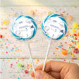 Personalised sea lollipops: two blue-bordered round wrappers with Freddie and age 3