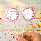 Personalised sea lollipops: two pink-bordered round wrappers with Freddie and age 3