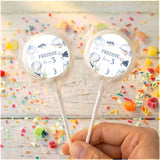 Personalised sea lollipops: two clear-bordered round wrappers with Freddie and age 3