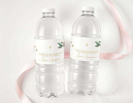 Personalised water bottle labels on two clear plastic bottles with printed text
