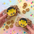 Personalised birthday pretzel bag with truck label, wrapped pretzels inside