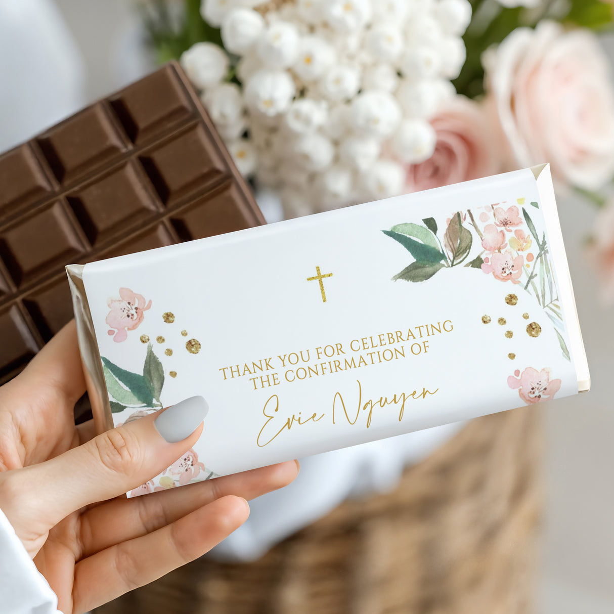 Custom confirmation chocolate bar with white floral wrapper and gold text