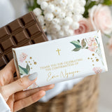 Custom confirmation chocolate bar with white floral wrapper and gold text