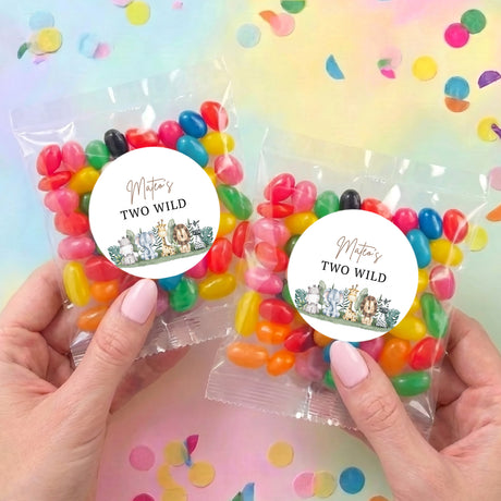 Two personalised jelly bean bags with multicolored jelly beans and two Two Wild labels